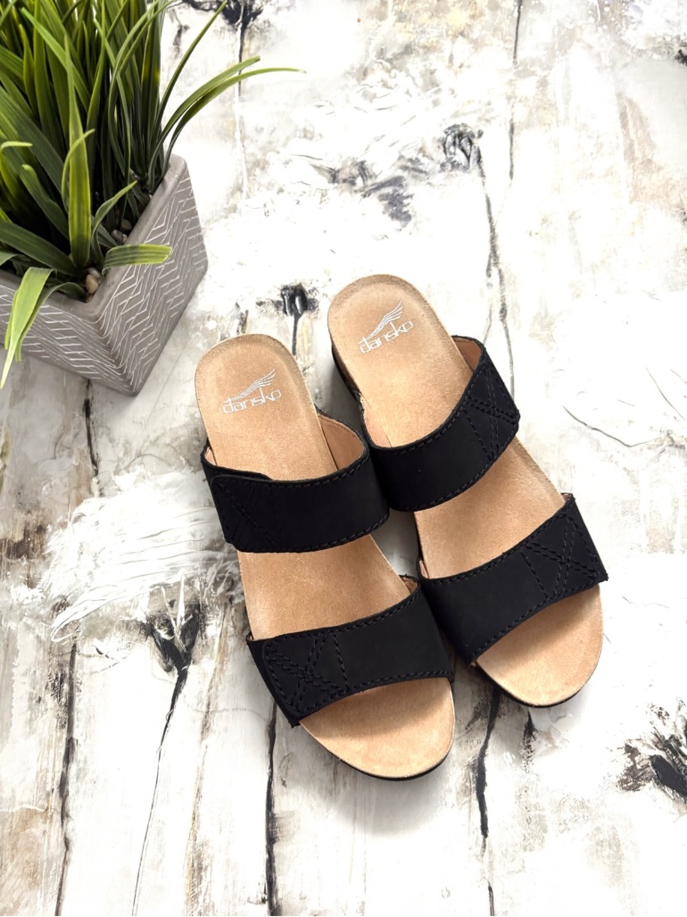 Dansko Black Leather Double-Strap Slide Sandals Size 40